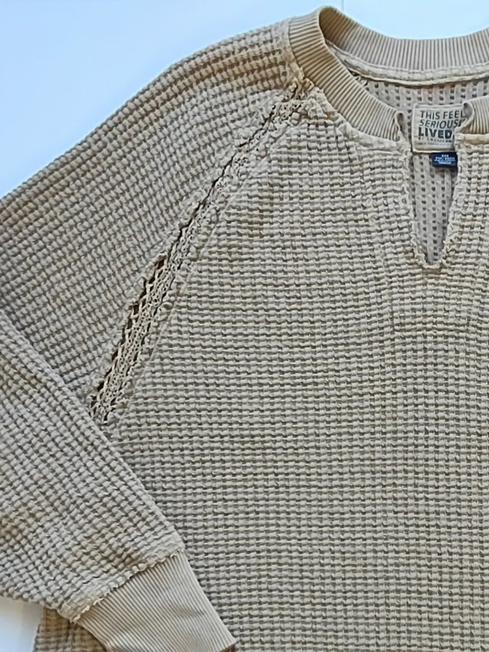 American Eagle Seriously Lived In Waffle Knit Top XXSmall Crochet Lace Coastal - Picture 6 of 8
